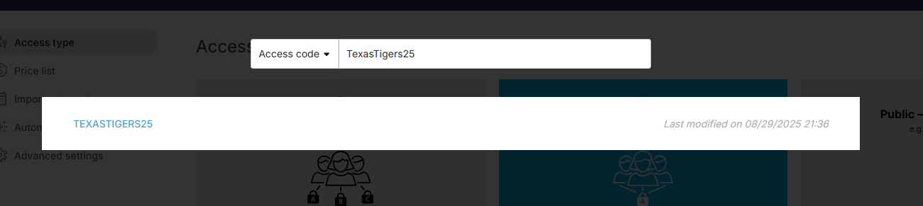 Dashboard showing how to search for access code.