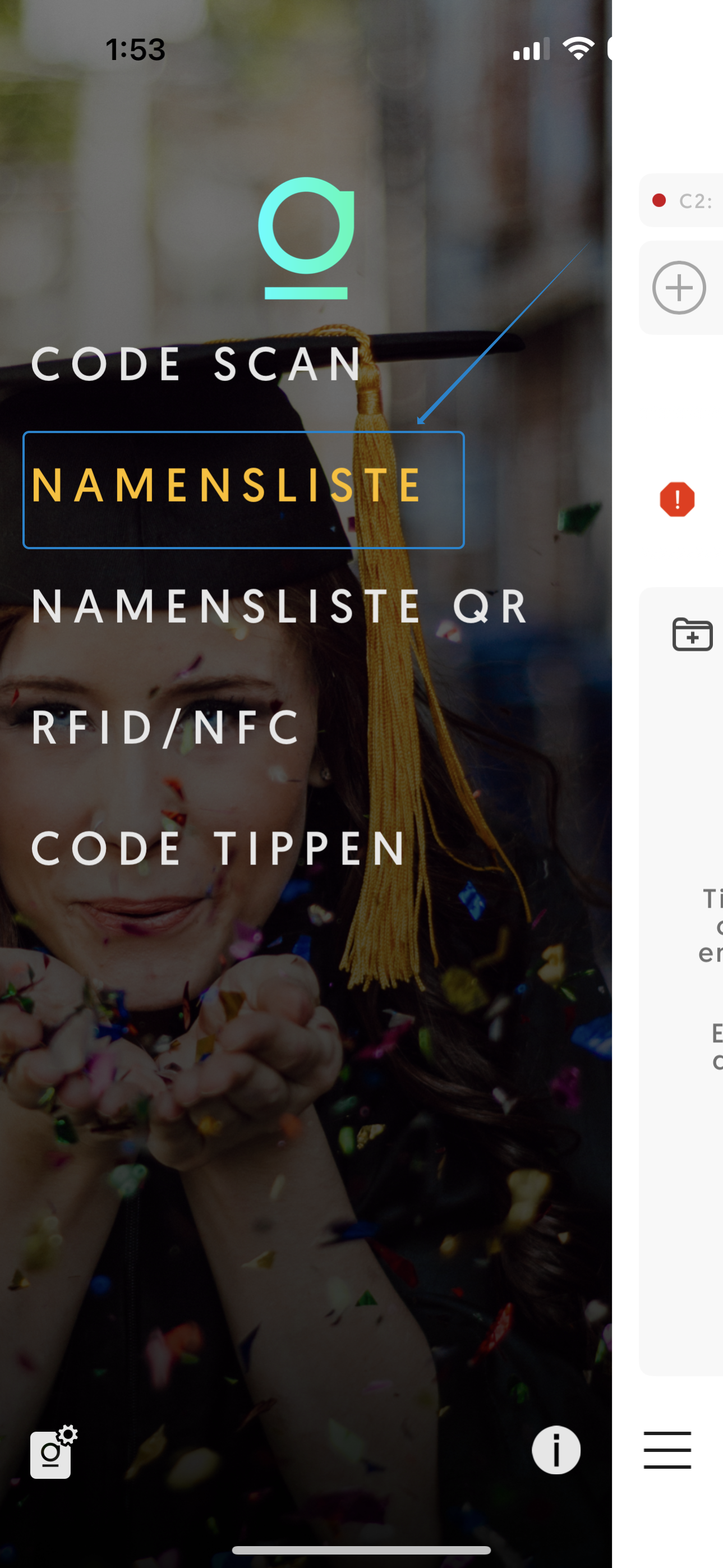 Entagged App Start Bildschirm, die Namenslistenfunktion ist hervorgehoben.