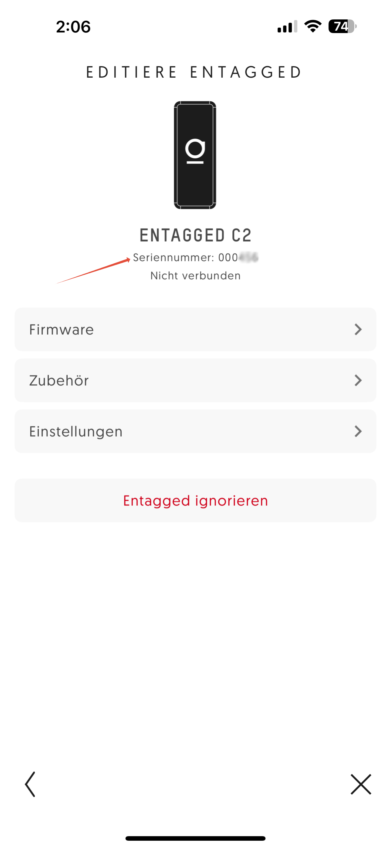 Mobile App-Bildschirm mit der Überschrift „Editiere Entagged“. In der Mitte ein Symbol für das Gerät „Entagged C2“ mit der Seriennummer.