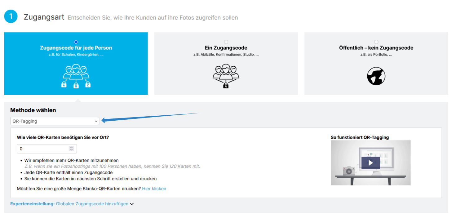 Auswahl von Zugangstyp und QR‑Tagging sowie Anzahl der Karten