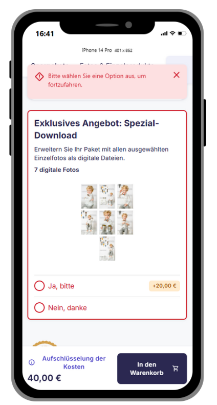 Shopansicht der Upselling Download Funktion