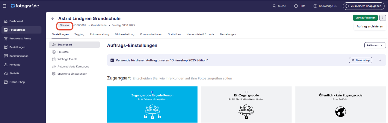 Screenshot des Aktions-Buttons 'Verkauf starten'