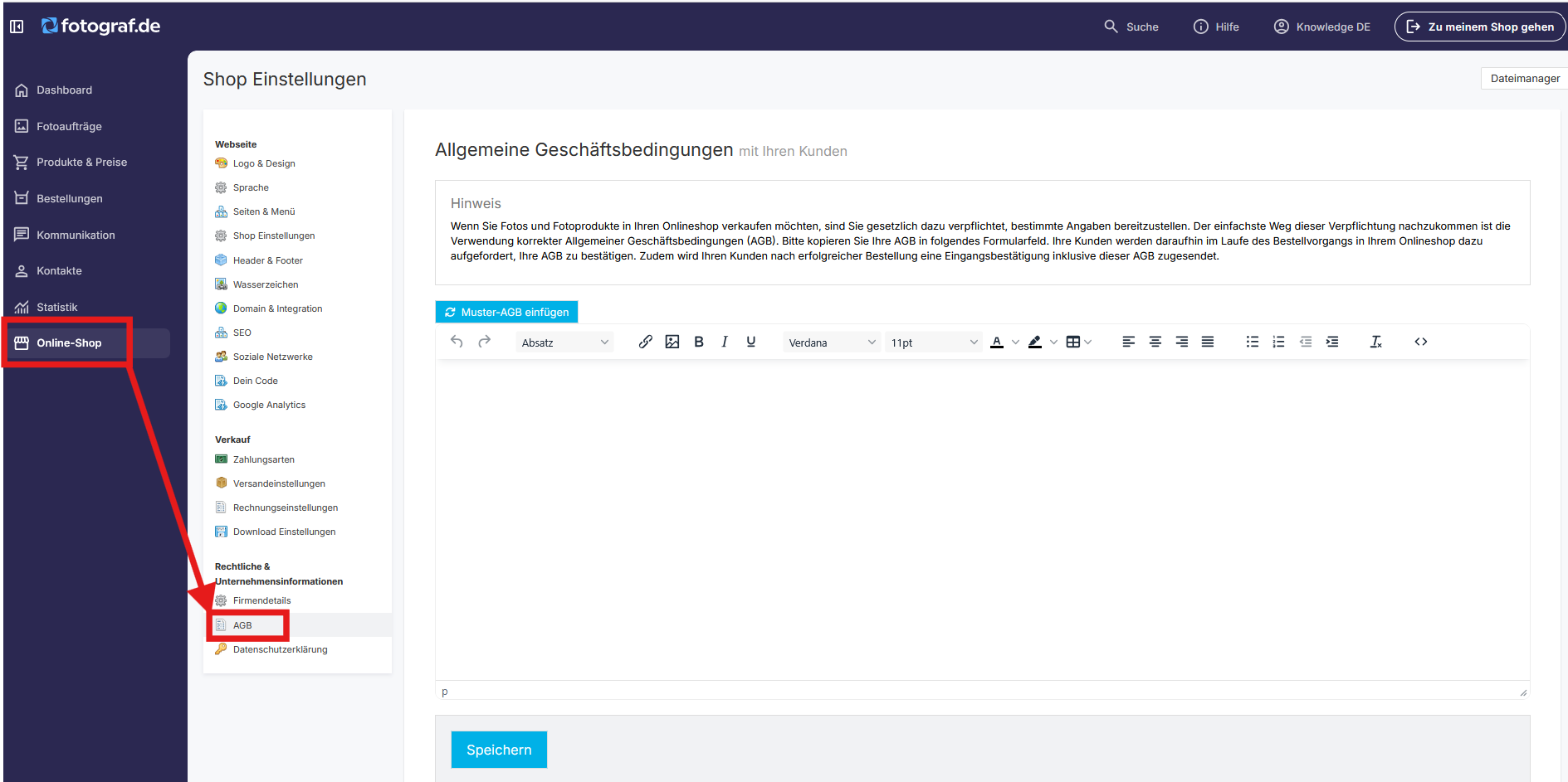 Menüpunkt AGB in den Online-Shop-Einstellungen