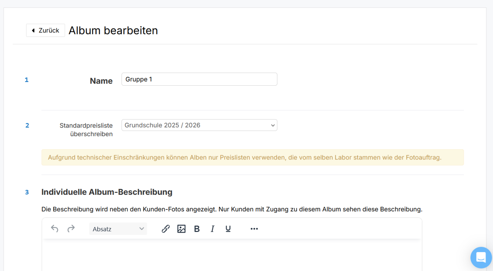 Album-Einstellungen bearbeiten Ansicht