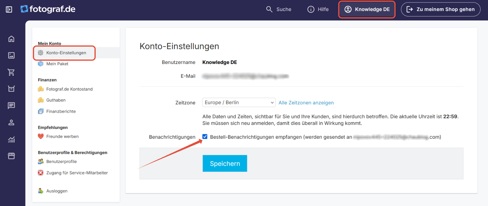 Screenshot der Konto-Einstellungen zur Aktivierung von Benachrichtigungen