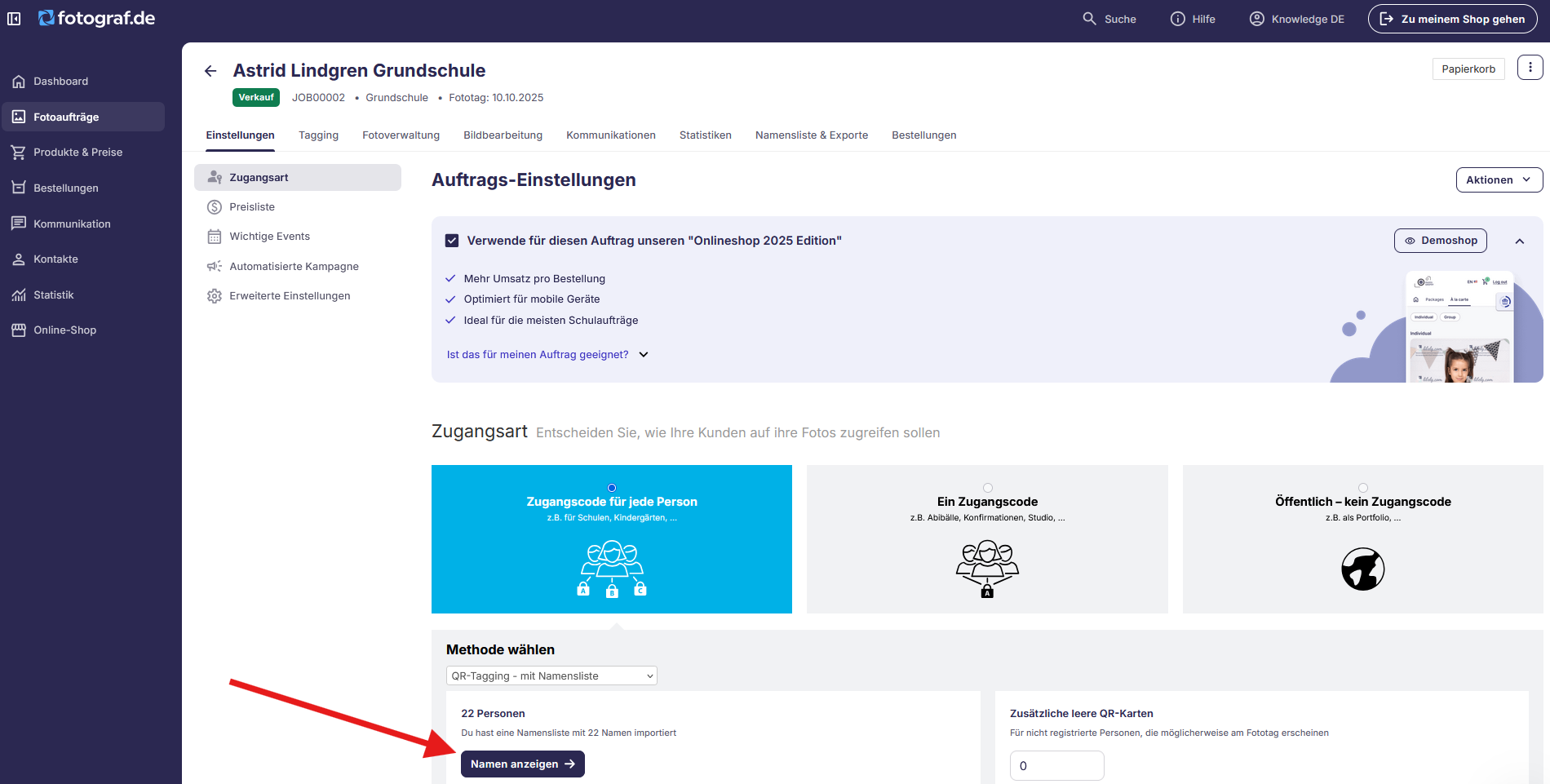 Button 'Namen verwalten' in den Haupt-Einstellungen des Foto-Auftrags.