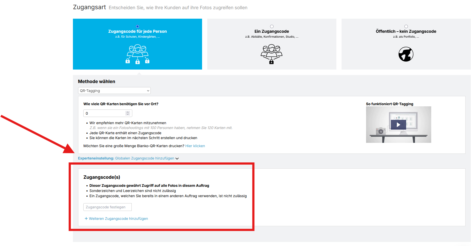 Option zum Hinzufügen eines globalen Zugangscodes