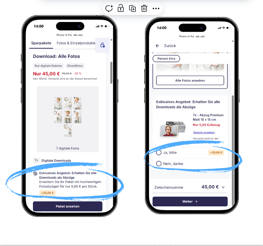 Beispielansicht des Upselling-Angebots im Shop