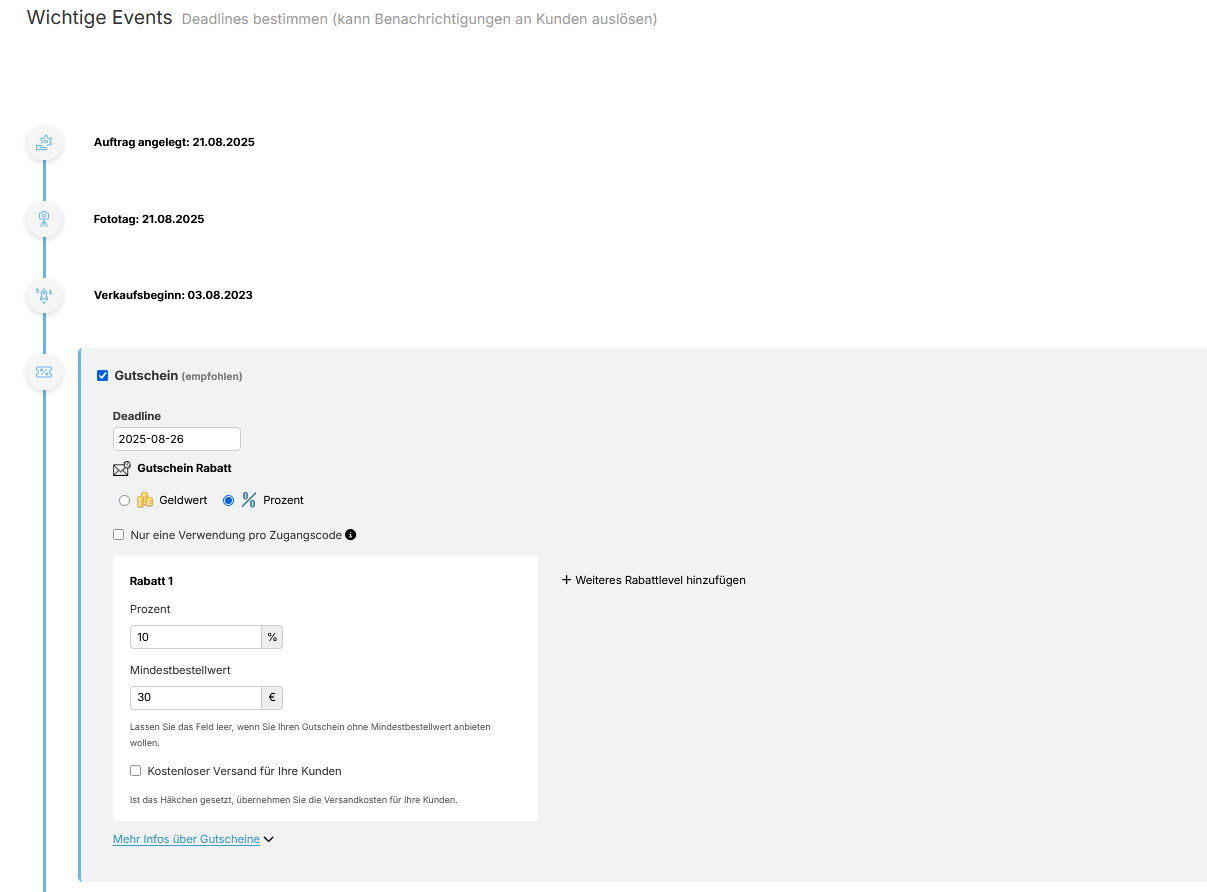 Einstellungen für Auftragsdaten und Events