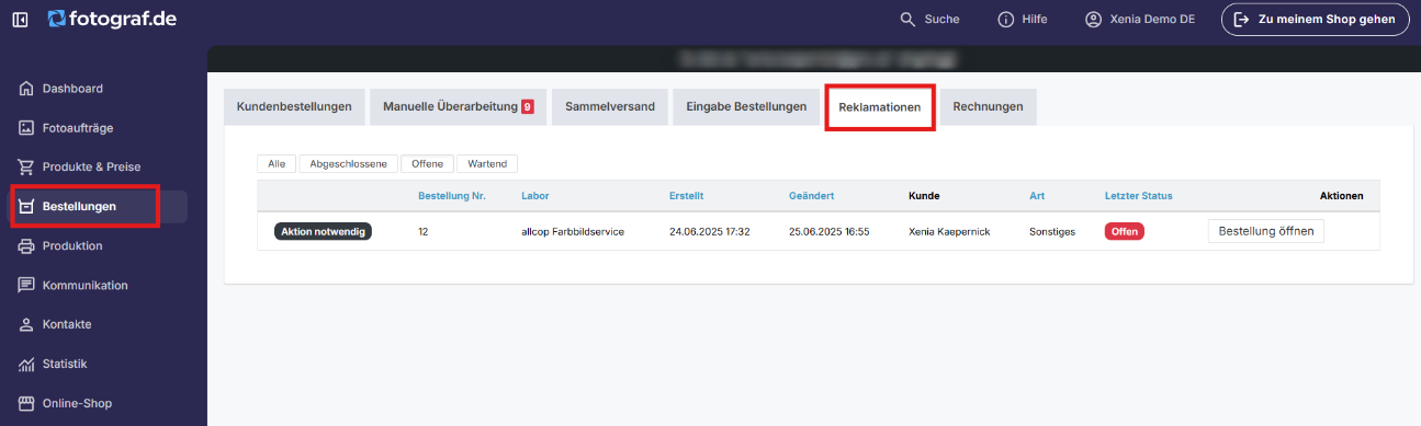Liste offener Anfragen im Adminbereich
