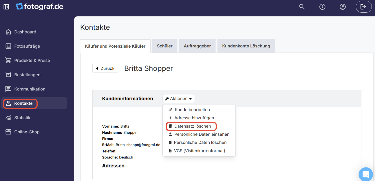 Aktionen-Menü mit Option Datensatz löschen