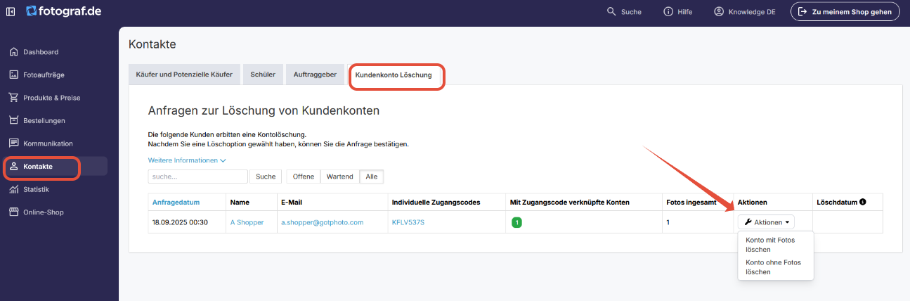 Dropdown-Menü mit den Optionen Konto mit oder ohne Fotos löschen