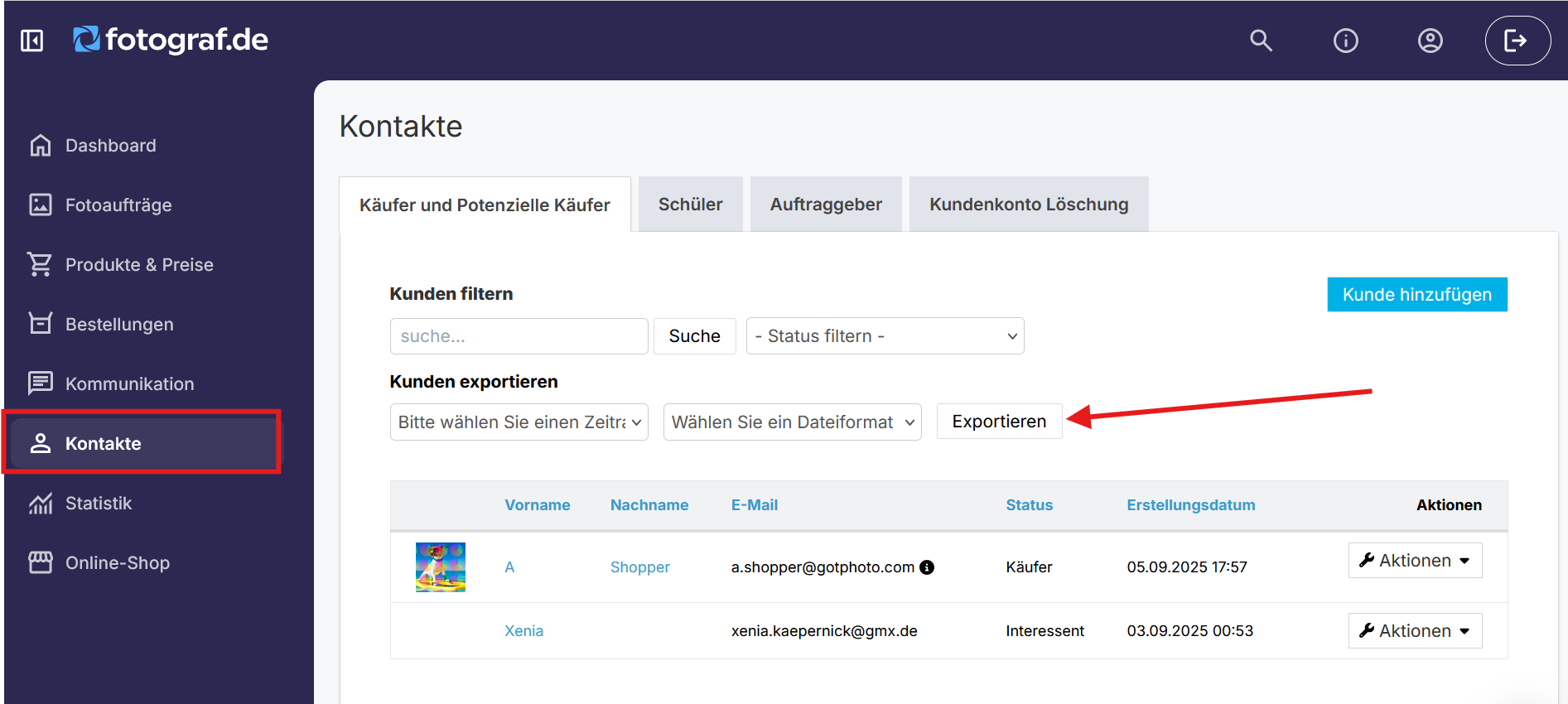 Screenshot: Kund:innenexport