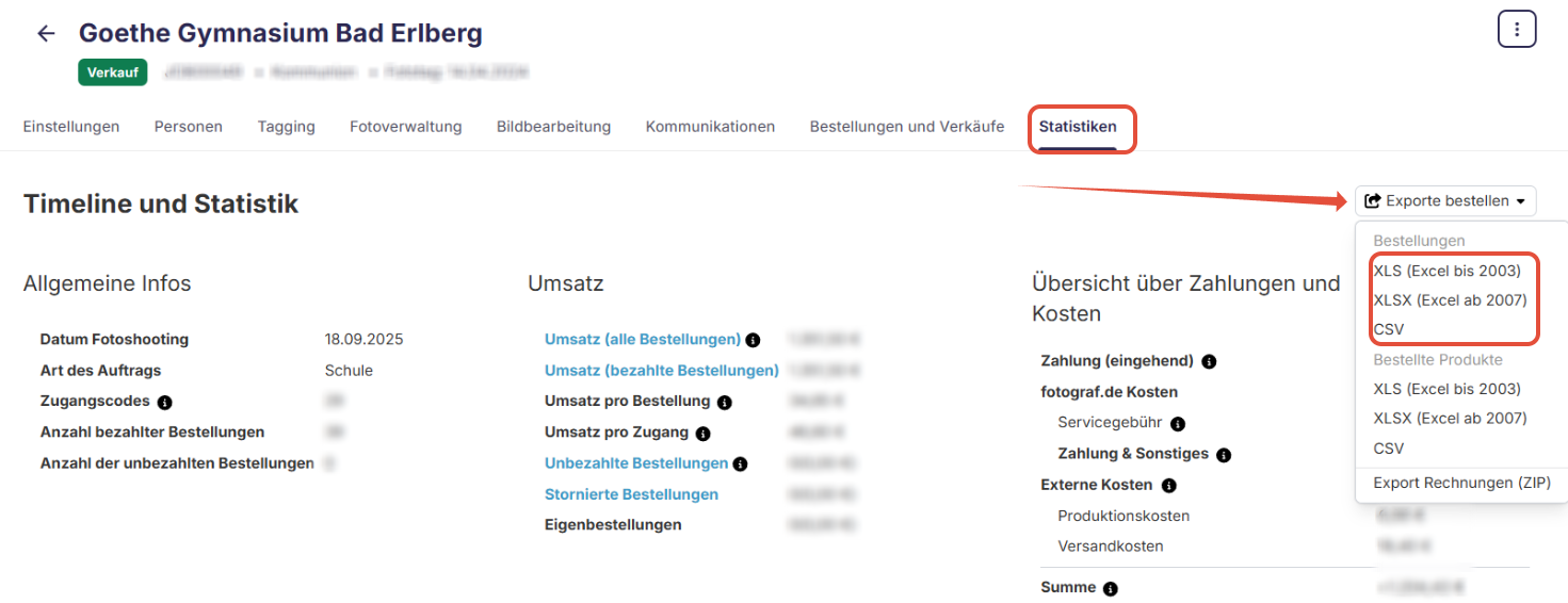 Screenshot: Bestellungsexport