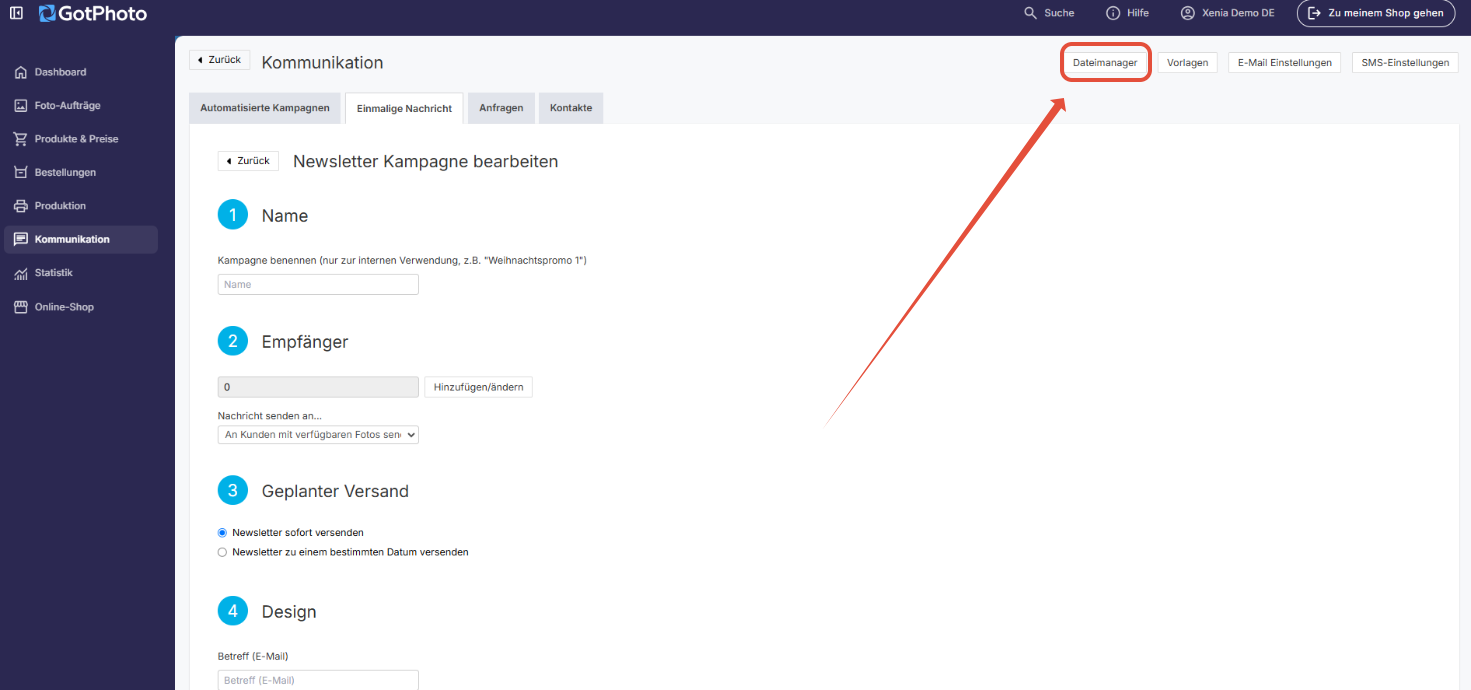 Dateimanager im Reiter Einmalige Nachricht