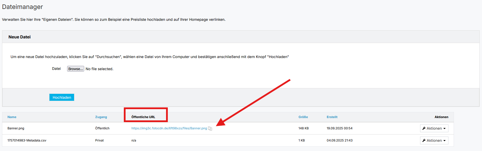 Neu erstellte URL im Dateimanager, Pfeil zeigt auf Kopierfunktion.