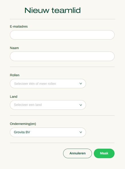 een afbeelding van het formulier ''nieuw teamlid aanmaken''