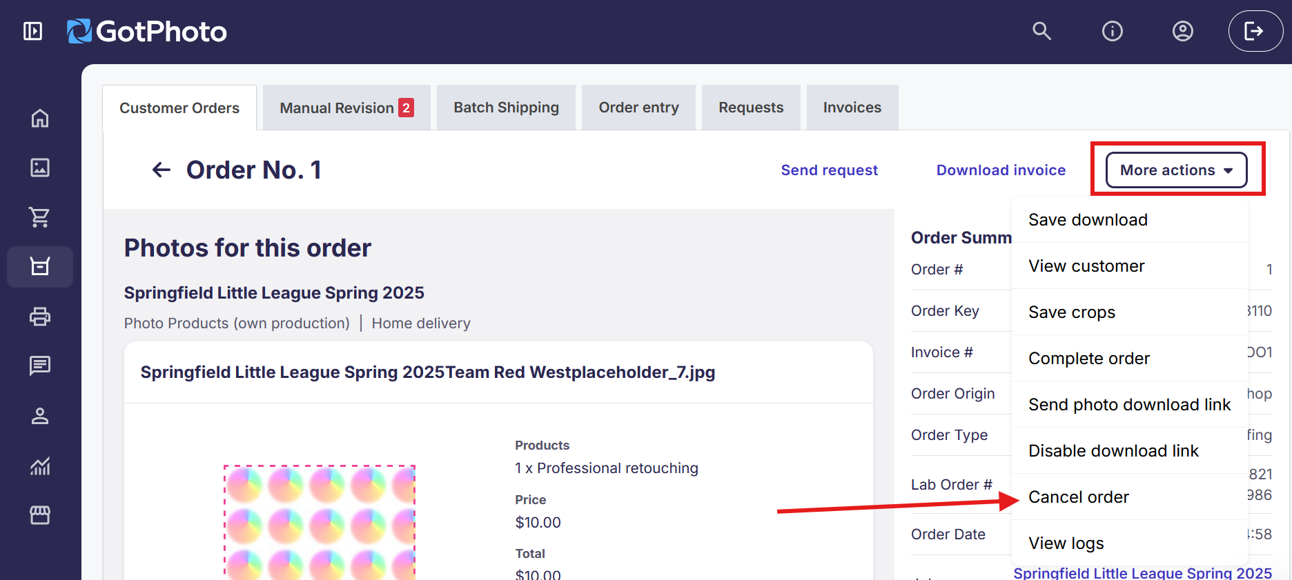 Cancel order button in the UI
