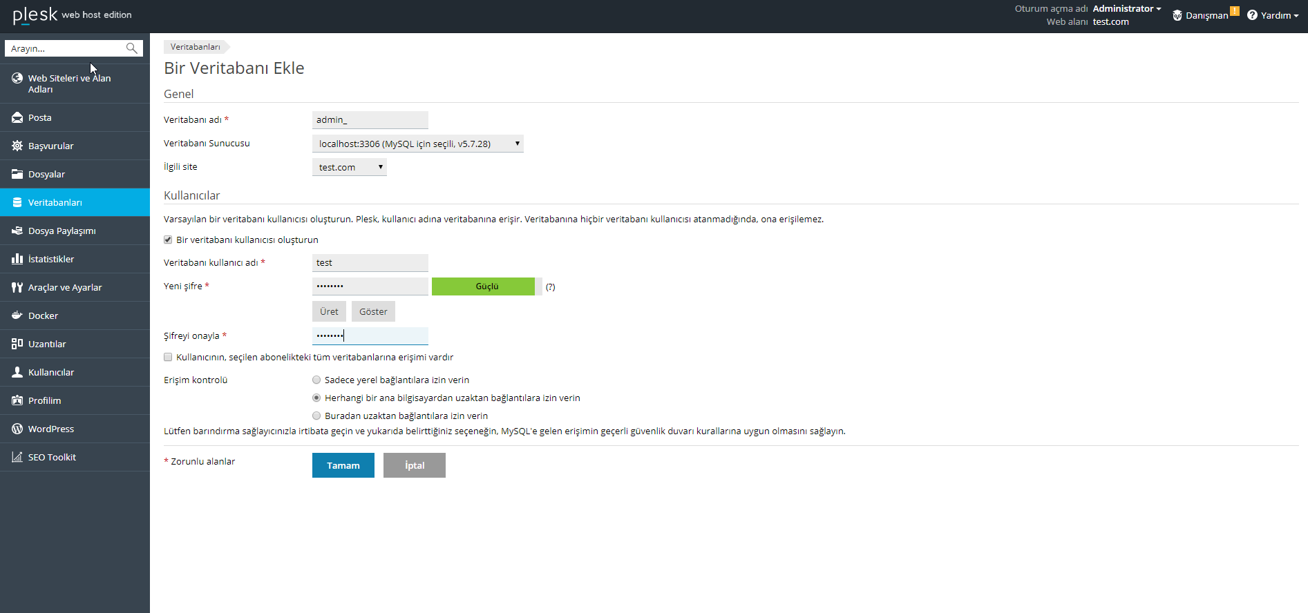 plesk panel yeni veri tabanı ekleme