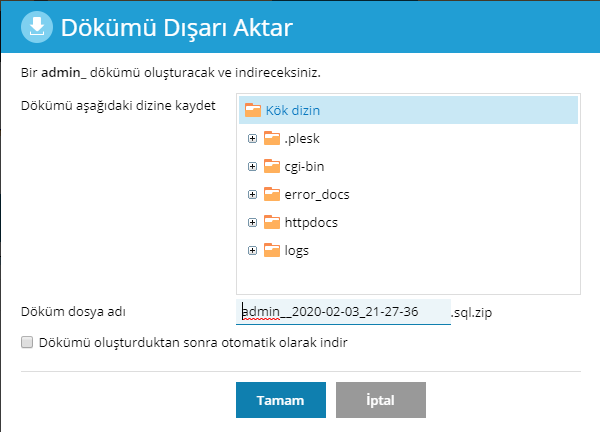 plesk panel sql dokumu dısarı aktar