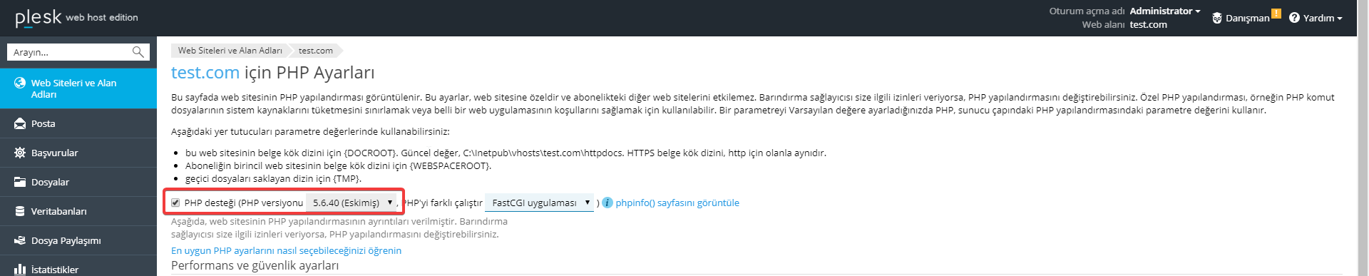 plesk php ayarı seçme