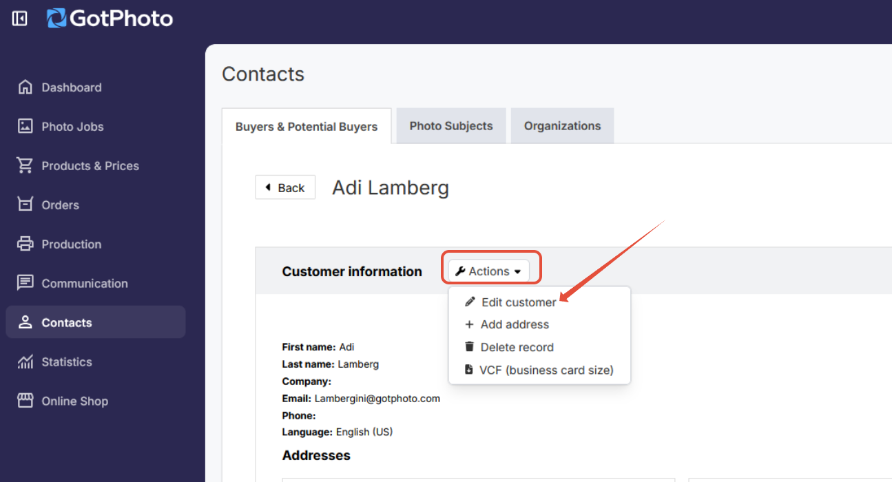 Edit customer view with Actions menu