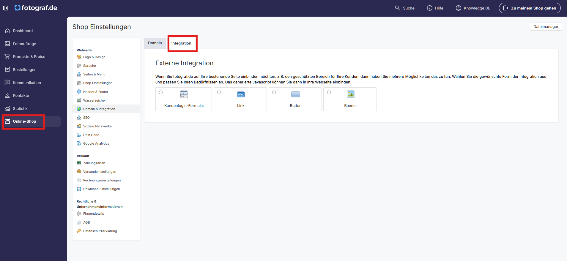 Integrations-Reiter Screenshot