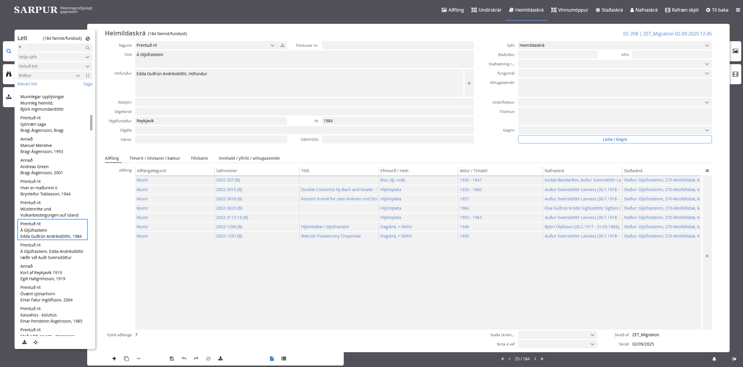 Heimildaskrá í valmynd