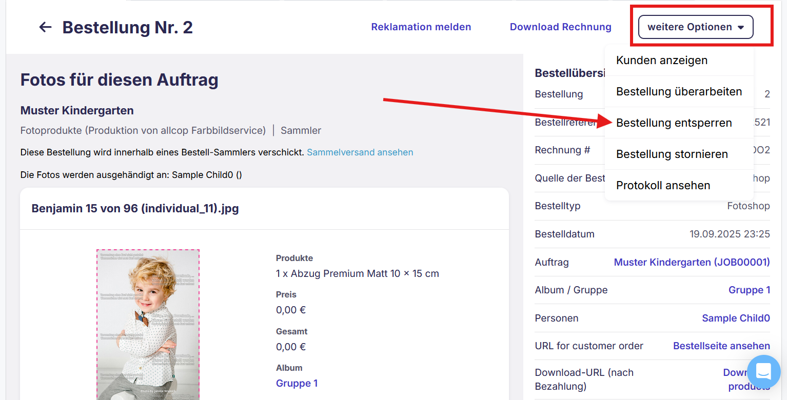 Option 'Bestellung entsperren' im Adminbereich