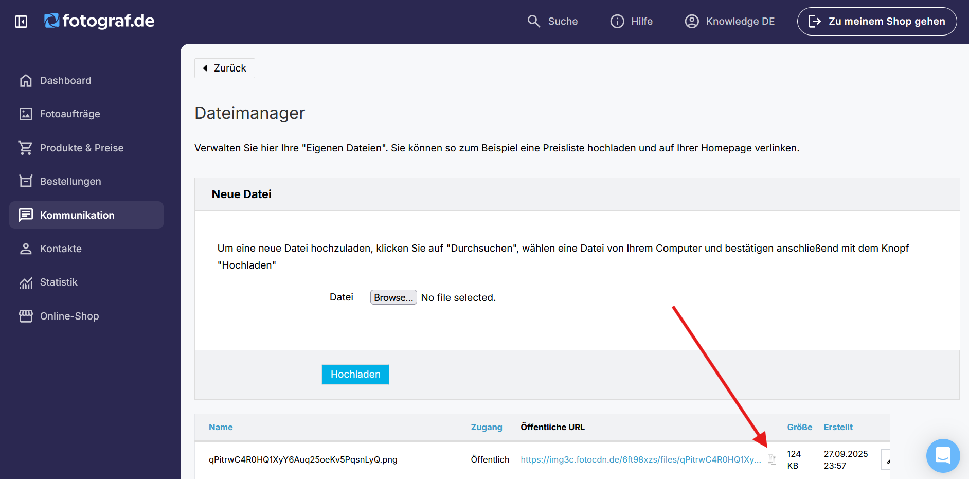 Kopieren der Bild-URL im Dateimanager