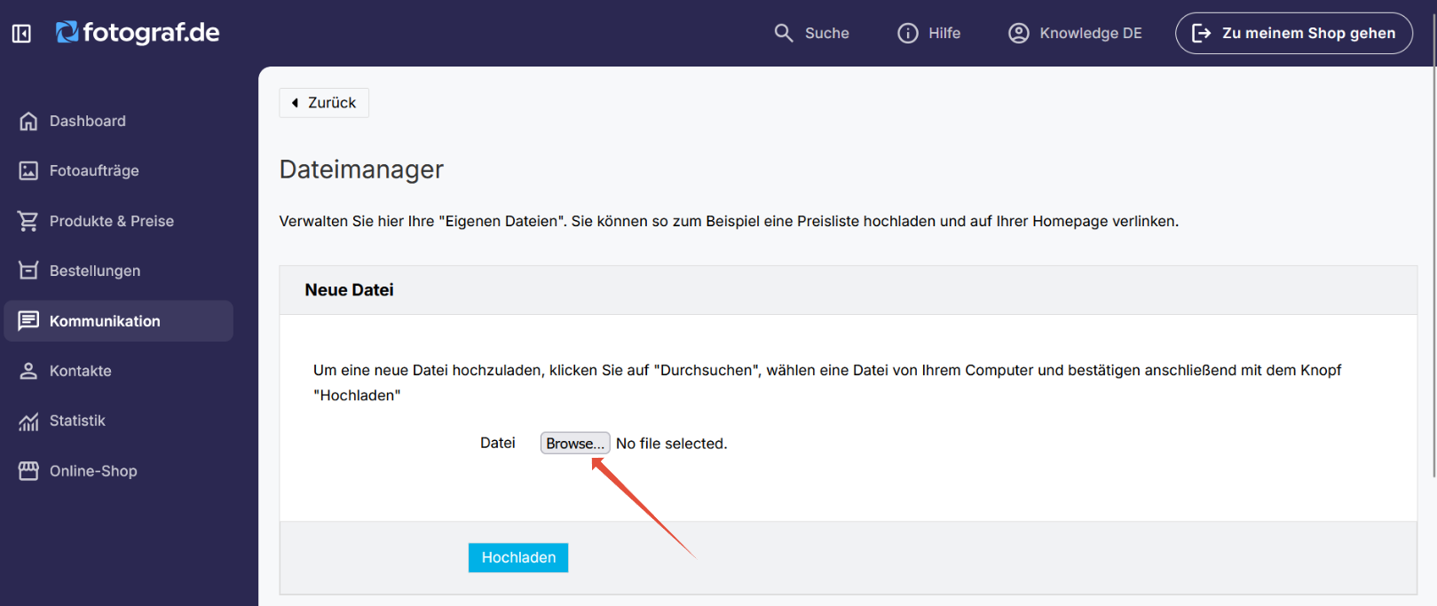 Hochladen eines Bildes im Dateimanager