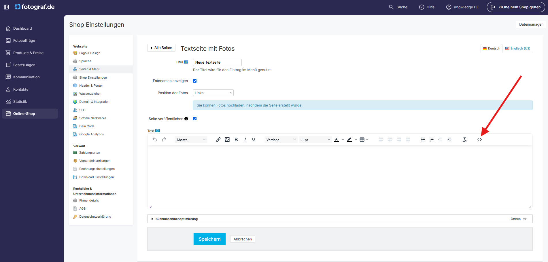 Quellcode-Editor im Adminbereich