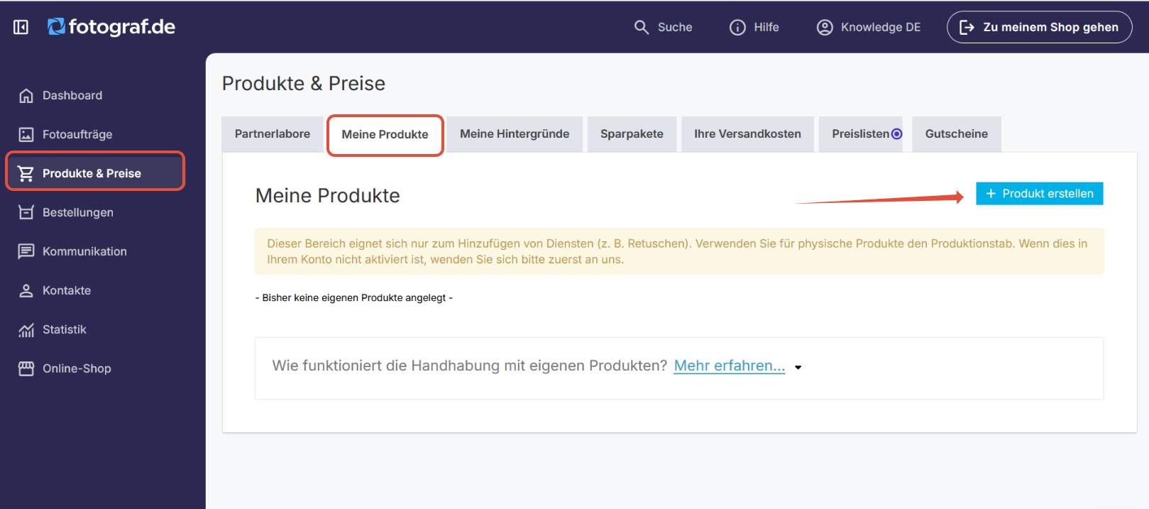Übersicht der Einstellungen unter 'Meine Produkte'