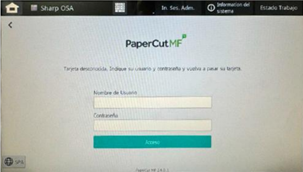 Interfaz de inicio de sesión en la impresora