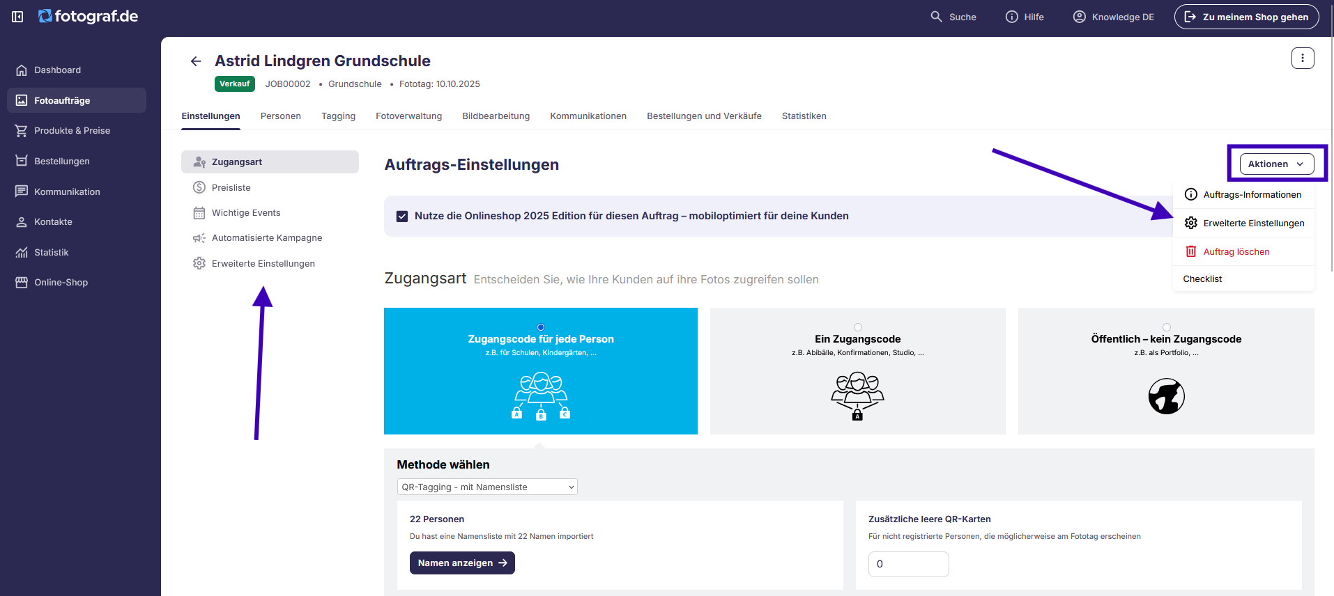 Dropdown-Menü Aktionen mit erweiterte Auftragseinstellungen