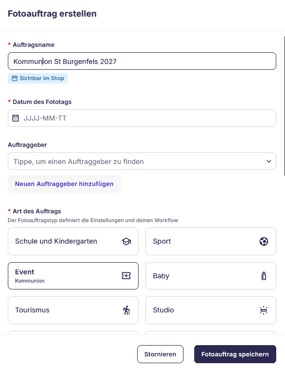 Screenshot: Auftrag im Admin-Bereich anlegen