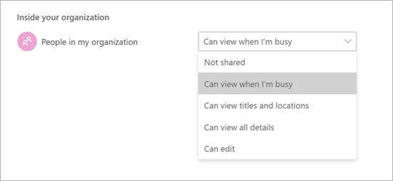 Screenshot showing different access permissions when sharing a calendar in Teams.