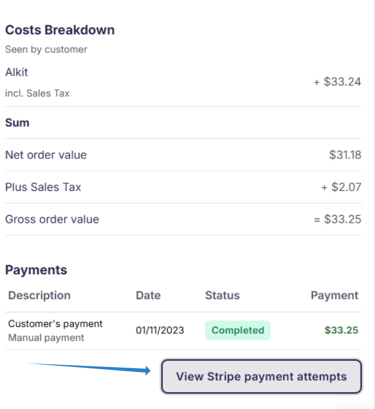 See all payment attempts button on an order page