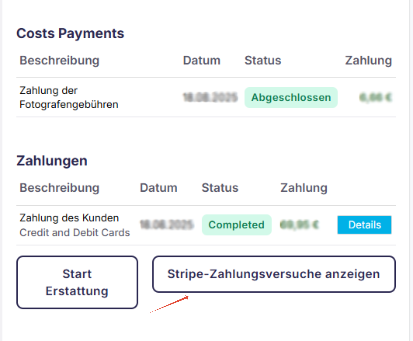 Screenshot: Button zur Anzeige aller Zahlungsversuche