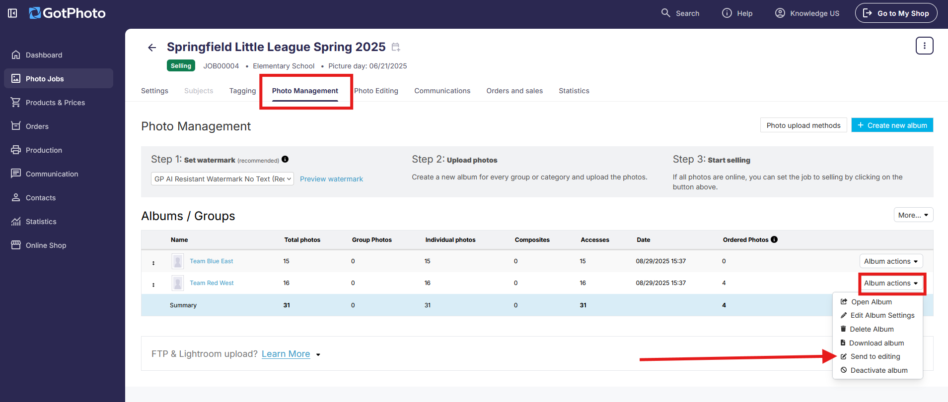 Album actions dropdown showing Send to editing option