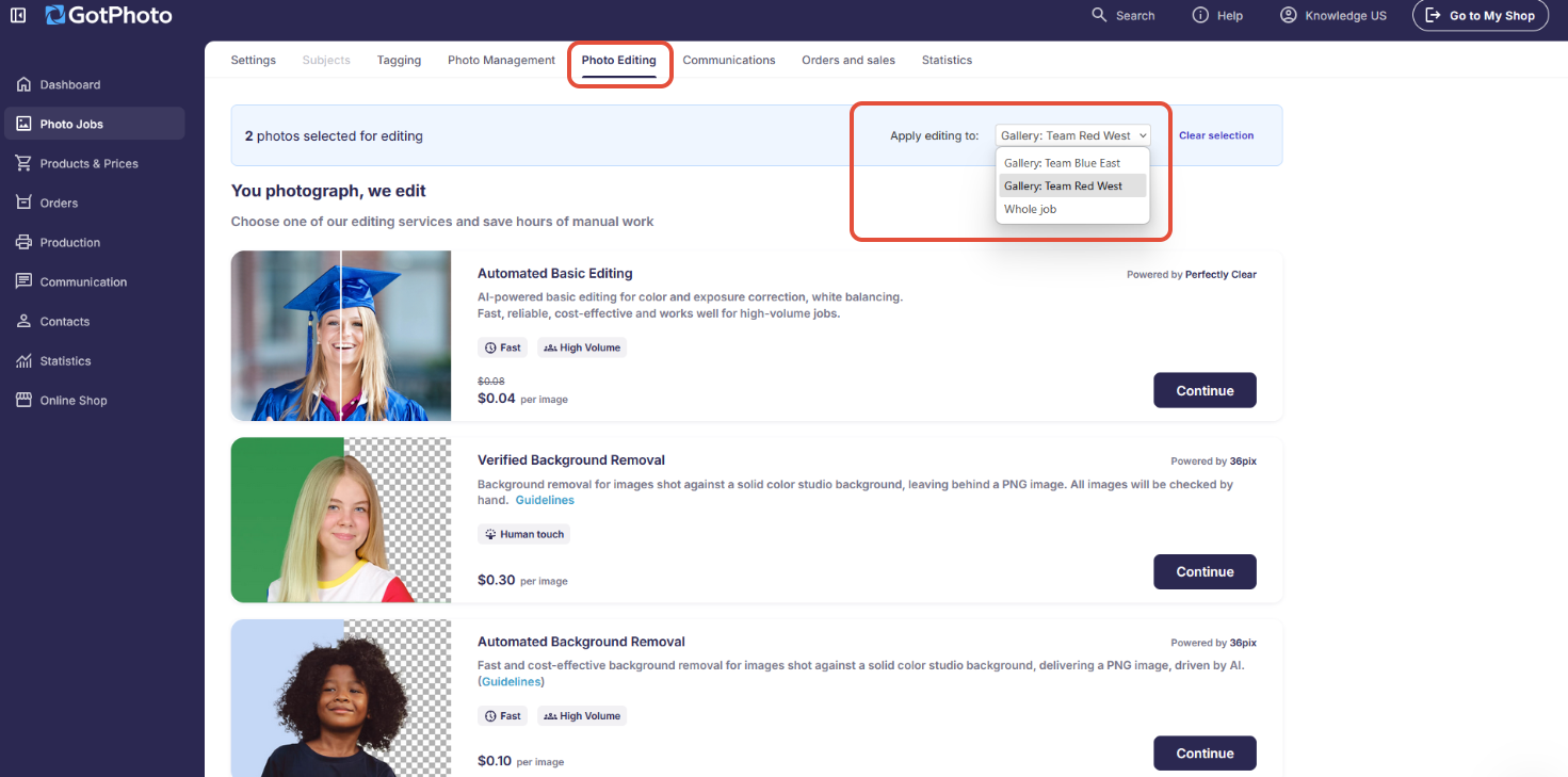 Editing service selection with album/job toggle