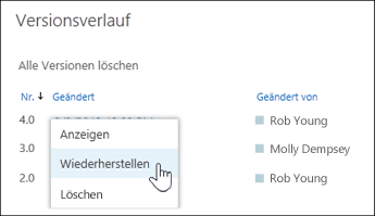 'Wiederherstellen' im Dropdownmenü auswählen für eine ausgewählte Dokumentversion