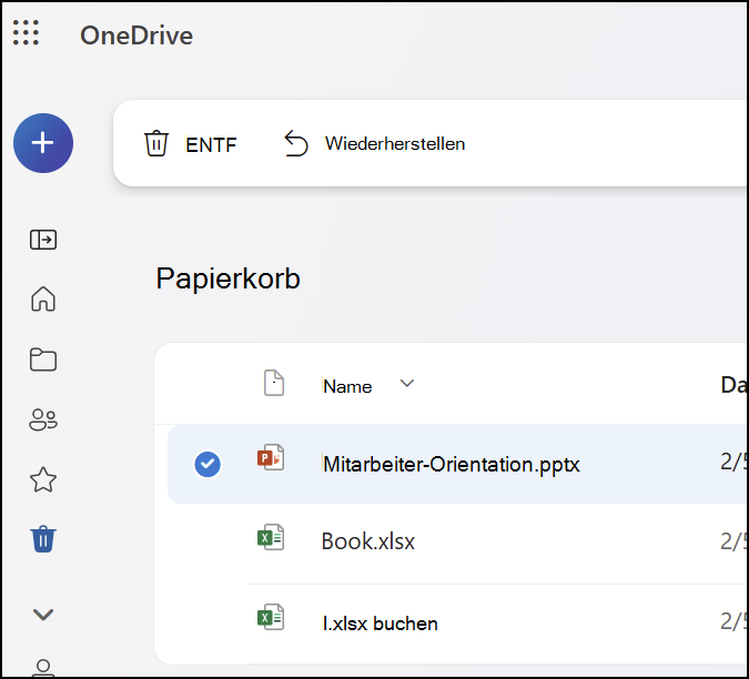 Ein Screenshot, der die Registerkarte "Papierkorb" auf OneDrive.com zeigt.