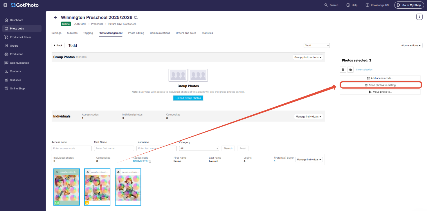Button to send selected images to editing