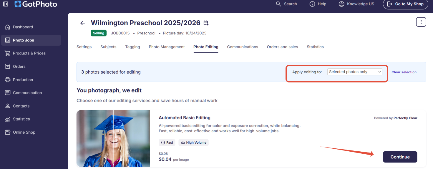 Image editing options interface