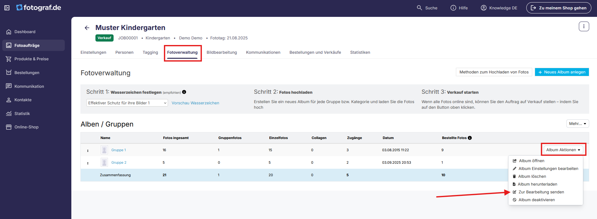 Option zur Bearbeitung im Album-Aktionen-Menü