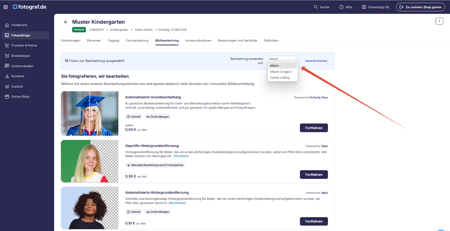Bearbeitungsservice-Auswahl mit Album/Fotauftrag-Umschalter