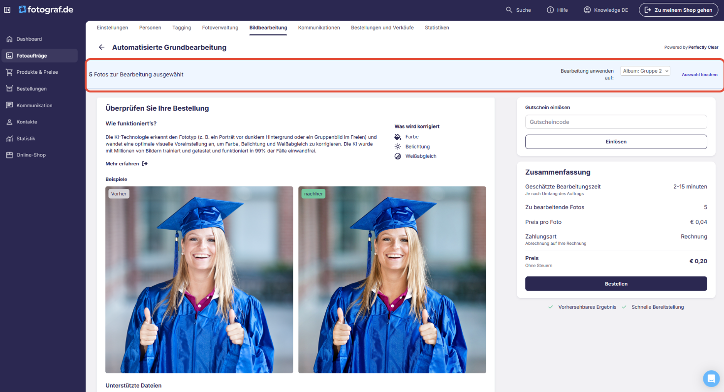 Letzter Schritt zur Bearbeitungsbestellung