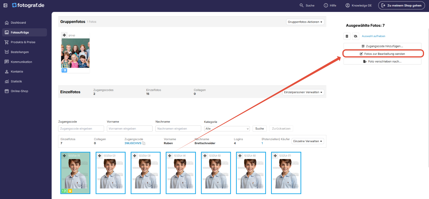 Schaltfläche zum Senden einzelner Bilder zur Bearbeitung
