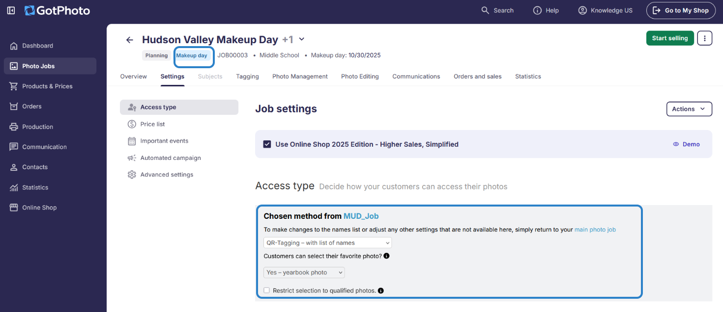 Job settings interface for Makeup Day. Allows editing of yearbook photo, pricing, deadlines, and campaign options.
